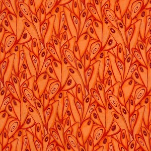 May include: An orange fabric with a repeating pattern of stylized leaf-like shapes. Each shape has a central eye-like detail and a swirling design, creating a textured, organic appearance. The overall effect is a vibrant, warm design.