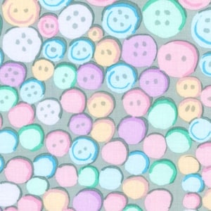 May include: A seamless pattern of colourful buttons on a light grey background. The buttons are various shades of pink, blue, green, and yellow. Some buttons have a smiley face design.