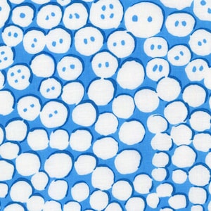 May include: A blue textile featuring a repeating pattern of white, rounded shapes. Each shape has two small blue dots, resembling eyes. The design creates a playful, polka-dot-like effect, suitable for various textile applications.