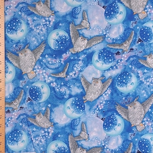 1 Fat Quarter Dreamy CELESTIAL OWLS & MOON Stars Night Sky Blue Aqua Gray Timeless Treasures Quilting Sewing Fabric