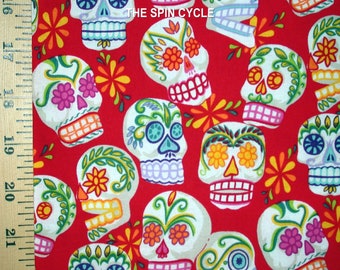 1 Yard Mini CALAVERAS SUGAR SKULLS Red Floral Tattoo Style Mexican Folklorico Halloween Festival Alexander Henry Quilt Sew Fabric