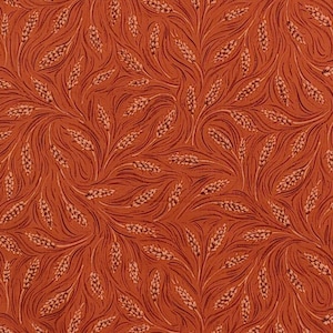 Puede incluir: Un patrón de tejido sin costuras con un diseño repetitivo de espigas de trigo de color marrón claro sobre un fondo naranja quemado.