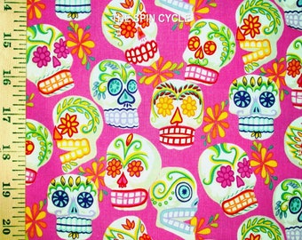 1 Yard Mini CALAVERAS SUGAR SKULLS Pink Floral Tattoo Style Mexican Folklorico Halloween Festival Alexander Henry Quilt Sew Fabric