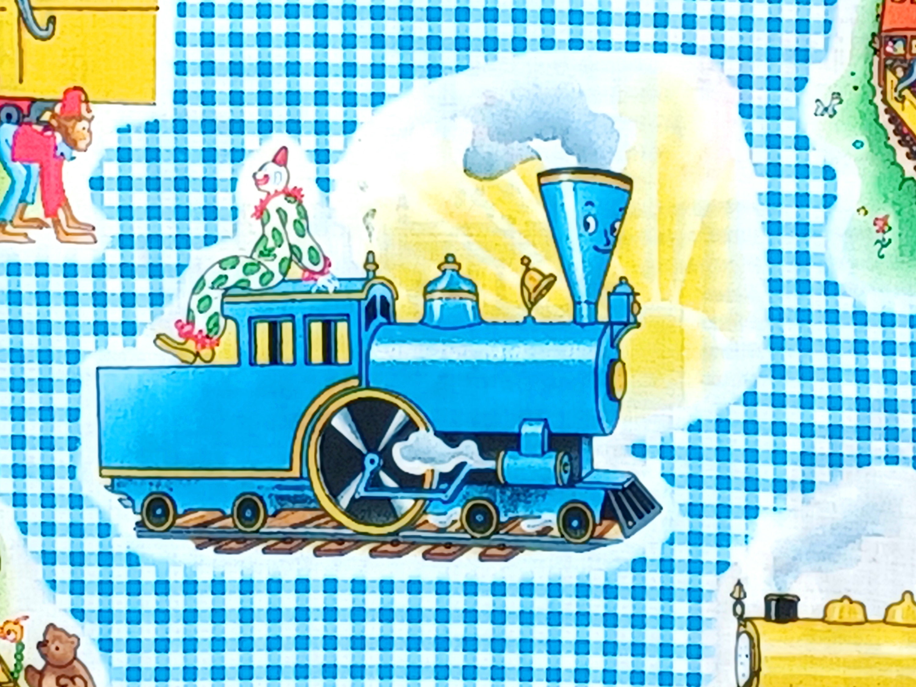 1 Fat Quarter Retro GINGHAM CIRCUS TRAINS Little Engine That Could Clowns Bears Bunny Baby Nursery Children Sewing Quilting Fabric