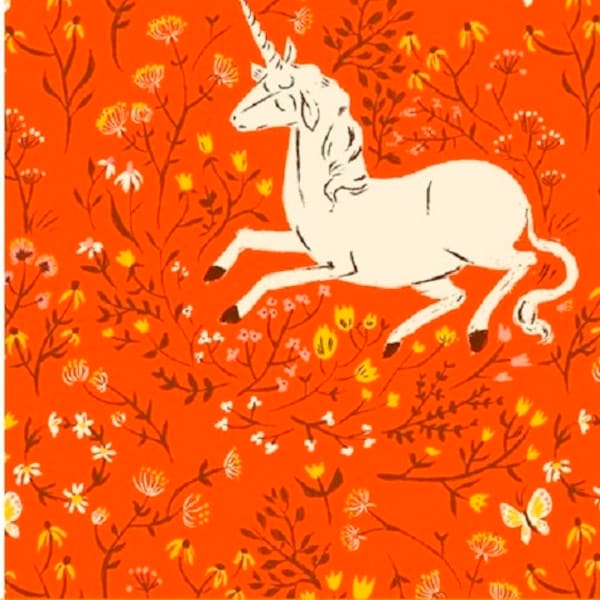 1 Yard FAR FAR AWAY 20th Anniversary Heather Ross Fantasy Unicorn 39657 Orange Mystical Magical Horse Child Baby Nursery Windham Quilt Sew