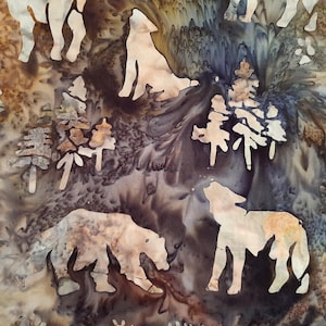 1 Fat Quarter Gorgeous BATIK WOODLAND ANIMALS Warm Brown Forest Deer Buck Bear Wolf Pine Tree Pinecone Maple Leaf Hoffman Int. Quilt Sewing
