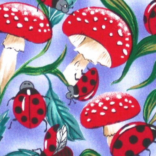 1 Fat Quarter LADY BUGS MUSHROOM Garden Polka Dot Red White Blue Toadstools Shrooms Michael Miller Quilting Sewing Fabric