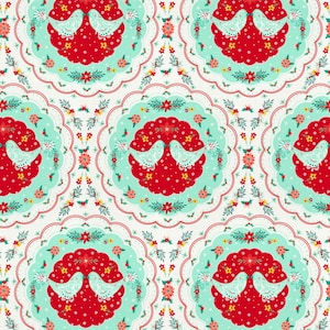 May include: A repeating pattern featuring a symmetrical design of doves, flowers, and foliage. The central motif is a red circle with two white doves, surrounded by a turquoise scalloped border and floral accents. The background is white.
