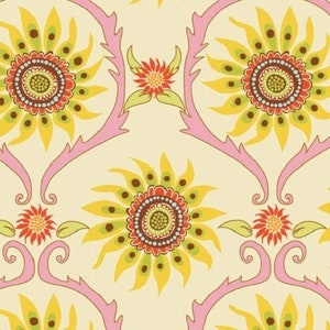 May include: A seamless pattern featuring yellow and pink stylised flowers with red and green accents on a cream background.