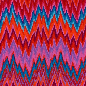 May include: A vibrant, colorful textile with a repeating zigzag pattern. The design features bold hues of red, orange, blue, purple, and pink, creating a visually striking and dynamic effect. The pattern is reminiscent of a geometric or tribal design.