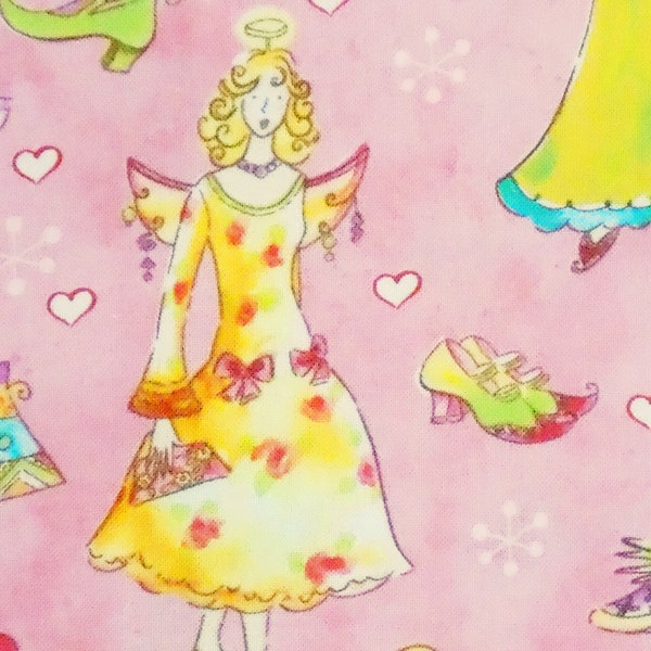 1 Yard Sue Zipkin THREE ANGELS Fashion Fairies Hats Shoes Handbags Hearts Toss Pink Shamash & Sons Quilting Sewing Fabric