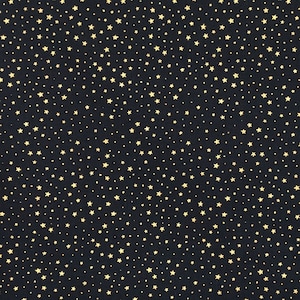 May include: A black fabric with a repeating pattern of gold stars.