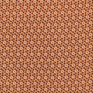 May include: A seamless fabric pattern featuring a repeating floral design. The background is a warm peach color, with small white flowers and dark brown leaves and stems. The overall effect is a dense, textured pattern.