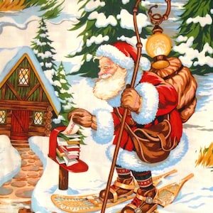 1 Yard Scenic SANTA'S LODGE OUTDOORS Snowshoe Santa Claus Christmas Time Reindeer De Leon Alexander Henry Quilting Sew Holiday Winter Fabric