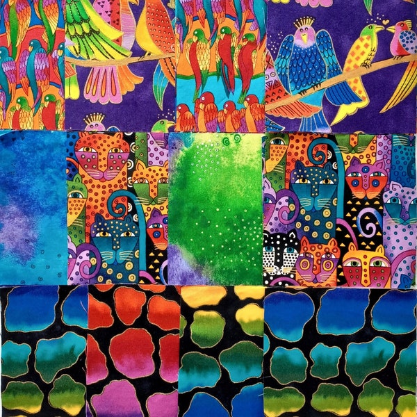 5" Charm Pack with 20 Squares Brilliant Laurel Burch JUNGLE SONG Assorted Rainbow Birds Leopard Cats Gold Metallic Quilting Sewing Fabric