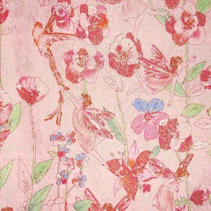 May include: Pink fabric with a glittery finish featuring a repeating pattern of pink flowers, green leaves, and fairies with wings.