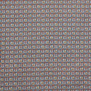 May include: A repeating pattern of small, detailed designs on a pale blue background. The pattern features octagons with red and blue borders, each containing a floral or decorative element in orange and yellow.