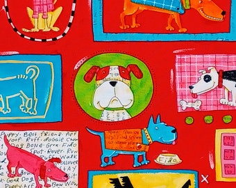 1 Fat Quarter DOG PATCH Cartoon Comic Book Dogs Primary Bright Red Child Nursery Baby Child Nancy Wolff Robert Kaufman Quilting Sew Fabric