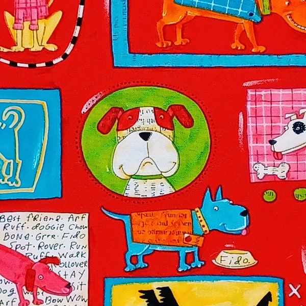 1 Fat Quarter DOG PATCH Cartoon Comic Book Dogs Primary Bright Red Child Nursery Baby Child Nancy Wolff Robert Kaufman Quilting Sew Fabric