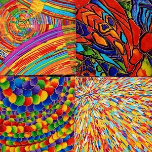 May include: A colorful fabric with four different patterns. The top left pattern is a swirl of red, yellow, blue, and purple lines. The top right pattern is a swirl of red, yellow, blue, and green lines. The bottom left pattern is a swirl of purple, blue, green, yellow, and red circles. The bottom right pattern is a swirl of red, yellow, blue, and green lines.