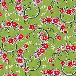 Puede incluir: Patrón repetitivo de rosas rojas y detalles morados sobre un fondo verde claro. El diseño floral incluye espirales negras y pequeñas hojas blancas, creando una estética vintage.