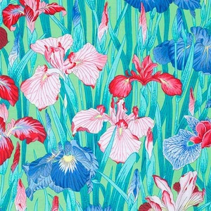 Può includere: Un vivace motivo floreale con iris nei toni del rosso, rosa e blu su uno sfondo verde chiaro. Il design include lunghe foglie e steli color verde acqua, creando un tema botanico vivace e colorato.