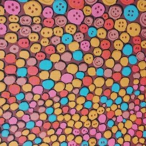 May include: A fabric pattern with a repeating design of colourful, stylised buttons. The buttons are in shades of pink, yellow, orange, and teal, set against a dark brown background. The buttons have small, round faces.