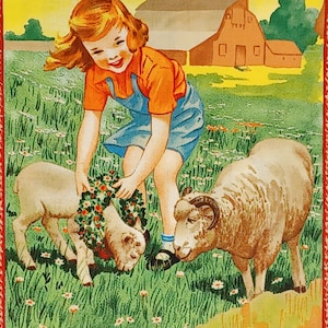 23&quot; x 44&quot; Panel Moda Vintage PEAS & CARROTS Farm Squares Sandy Klop Child Chicken Horse Goat Sheep Kitten Country Rural Pastoral Quilt Sew