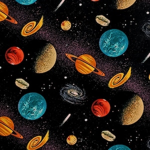 May include: A repeating pattern of planets, galaxies, and stars against a black background. The planets are various colors, including orange, blue, and red, with some featuring rings. The design includes spiral galaxies and comet trails.