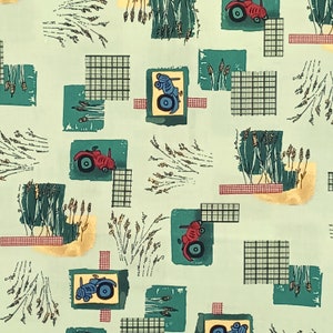 May include: A green and white fabric with a repeating pattern of red tractors, green grass, and checkered squares.