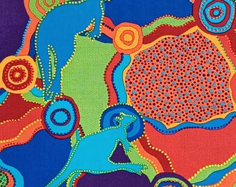 1 Yard Balarinji LEAPING KANGAROOS Purple Red Aboriginal Indigenous International Folk Art Traditional Jumbana 2005 Andover Quilting Sew