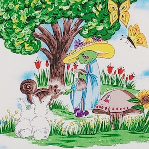 25&quot; X 21&quot; KATRINKA SWEETBLOSSOM PANEL Anthropomorphic Frog Mushroom Fairy Elf Bunny Floral Riverwoods Troy Quilting Sewing Crafts Fabric