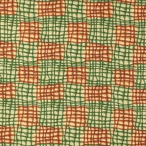 May include: A seamless pattern with a green and orange checkered design. The pattern is made up of thin lines that create a grid-like effect. The background is a light cream color.
