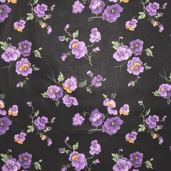 1 Fat Quarter PURPLE PANSY SATEEN Pansies Joan Messmore Botanical Gardens Floral Sprays Dark Black Green Vip Cranston Quilting Sewing Fabric