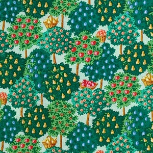 May include: A repeating pattern featuring a lush orchard scene. Green trees laden with red apples, yellow pears, and blue plums are interspersed with woven baskets. The background is a light green, creating a vibrant, detailed design.