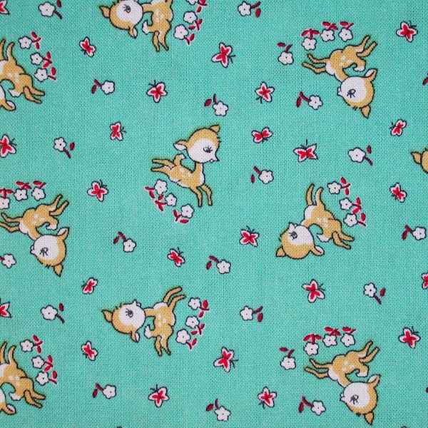 1 Fat Quarter Tiny FAWNS DEER Aqua Everything But the Kitchen Sink Retro Vintage 1940's Prints Child Baby Nursery RJR Quilting Sewing Fabric