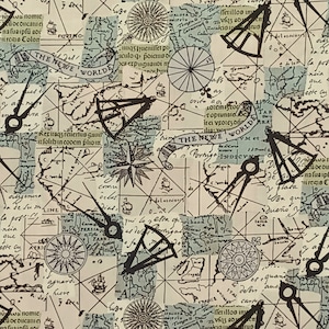 1 Yard NEW WORLD MAP Vintage Explorer Ship Chart Compass Sextant Navigation Tools Black & Grey Blue Makower England Quilting Sewing Fabric