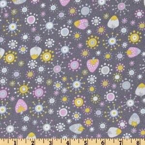 May include: A gray fabric with a repeating pattern of pink, yellow, and white circles and stylized strawberries. The fabric is measured in inches.