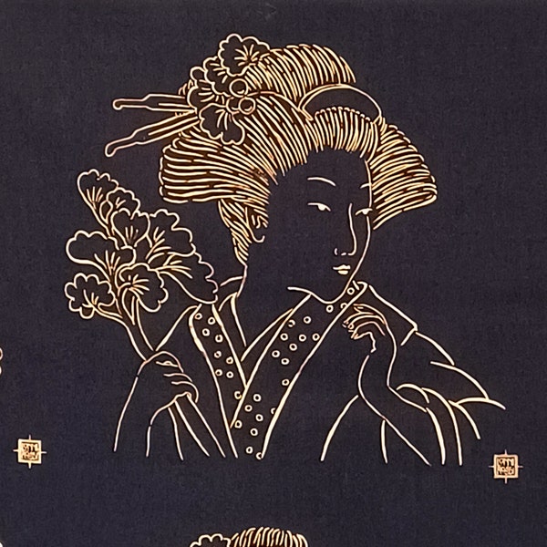 24" X 44" Panel ASIAN GODDESS FACES Asian Geisha Japanese Cherry Blossoms Gold Metallic Line Drawn Lonni Rossi Andover Quilting Sew Fabric