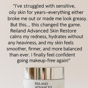 May include: A white jar of Reiland Advanced Skin Restore moisturizer with a silver lid. The label includes the text "Weightles: Rebalancing Moisturizer" and "1.7 Fl. Oz. / 50 ML". A customer review is also visible.