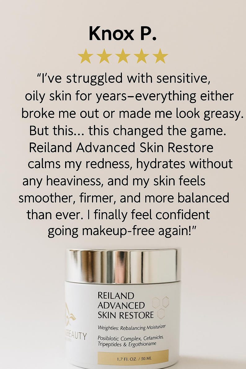 May include: A white jar of Reiland Advanced Skin Restore moisturizer with a silver lid. The label includes the text "Weightles: Rebalancing Moisturizer" and "1.7 Fl. Oz. / 50 ML". A customer review is also visible.