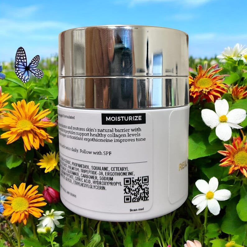 May include: A white skincare product jar with a silver lid, labeled "MOISTURIZE." The jar is surrounded by colorful flowers and a butterfly. The label includes text about peptides and collagen support.