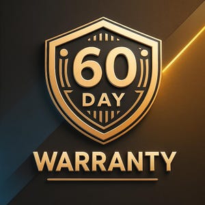 May include: A gold-colored shield-shaped emblem with the text "60 DAY" and "WARRANTY" in a bold, serif font. The shield has a black background and a gold border, with a gold line underneath the word "WARRANTY".