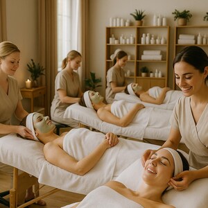 May include: A spa setting with several people receiving facial treatments. Therapists in beige uniforms attend to clients lying on massage tables, each with a white towel and headband. Green face masks are visible. Shelves with products and plants are in the background.