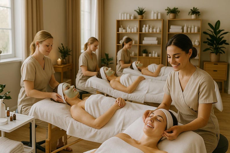 May include: A spa setting with several people receiving facial treatments. Therapists in beige uniforms attend to clients lying on massage tables, each with a white towel and headband. Green face masks are visible. Shelves with products and plants are in the background.