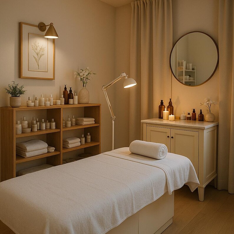 May include: A spa room with a massage table covered in a white sheet and a rolled-up towel. Wooden shelves display various bottles and jars. A round mirror hangs on the wall, and a floor lamp provides soft lighting. The room has a serene and relaxing atmosphere.