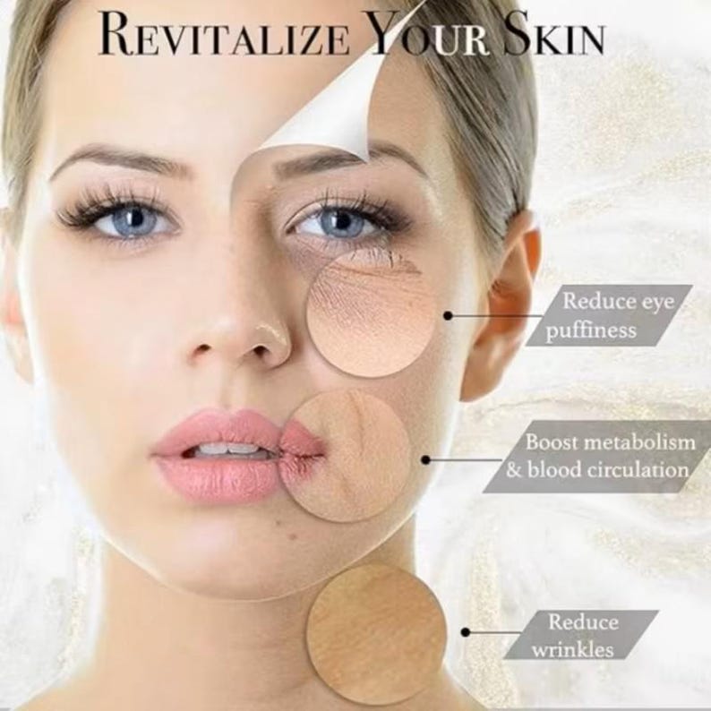 May include: Image promoting skincare with the text "Revitalize Your Skin." The image shows a woman's face with circles highlighting areas of concern. Text indicates the product reduces eye puffiness, boosts metabolism & blood circulation, and reduces wrinkles.