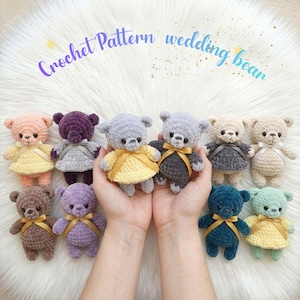 May include: A collection of ten small crocheted teddy bears in various colors including peach, purple, gray, yellow, brown, and teal, each wearing a satin ribbon bow or skirt. The text "Crochet Pattern wedding bean" is visible at the top.