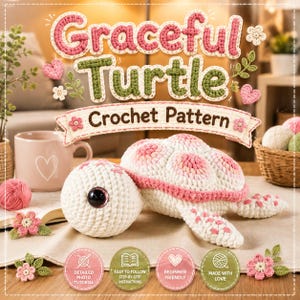 May include: A crochet pattern titled Graceful Turtle featuring a white and pink crocheted turtle toy. The image includes text, a pink mug with a heart, small crocheted flowers, and four circular badges detailing instructions for the pattern.