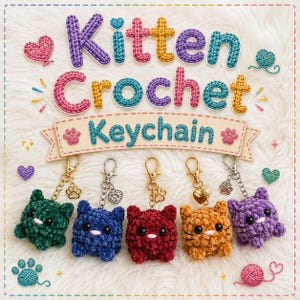 May include: Five plush crochet kitten keychains in dark green, blue, red, orange, and purple. Each features black safety eyes, a small pink nose, and a metal lobster clasp with a charm. The text Kitten Crochet Keychain is displayed above.